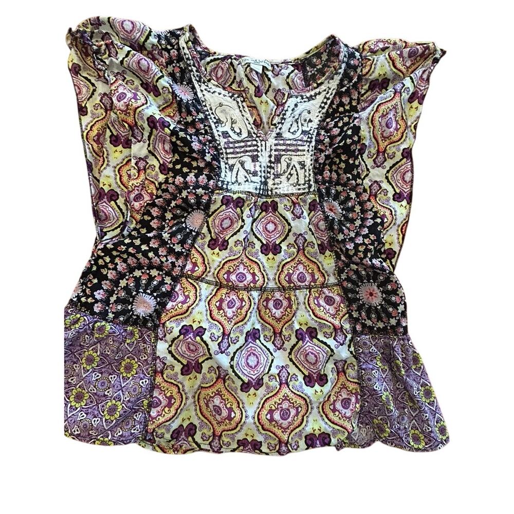 Live and Let Live Multi-Color Boho Peasant Top with Embroidered Yoke, Size PM